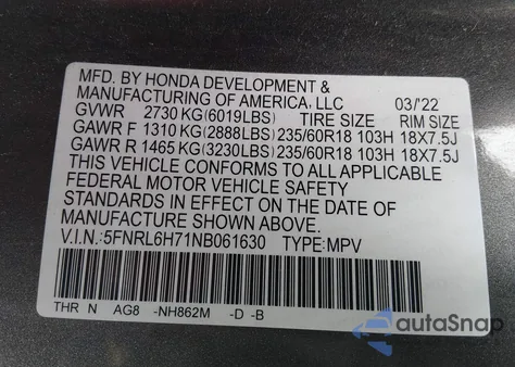 2022 Honda Odyssey Ex-L z USA, uszkodzony, nr VIN 5FNRL6H71NB061630